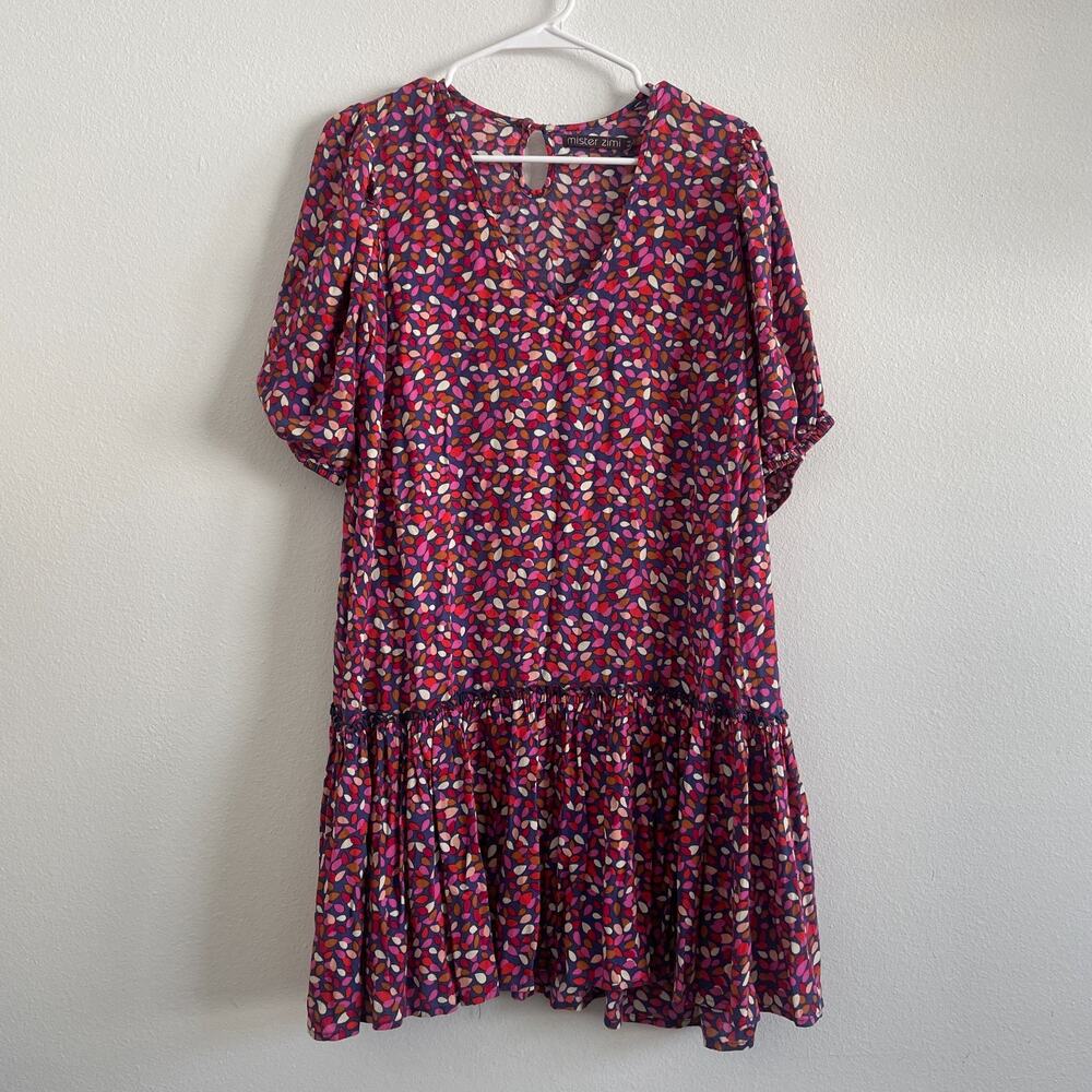 Mister Zimi Dress Women US 4 Mini Shift Flutter Hem Geometric Puff Sleeve Party